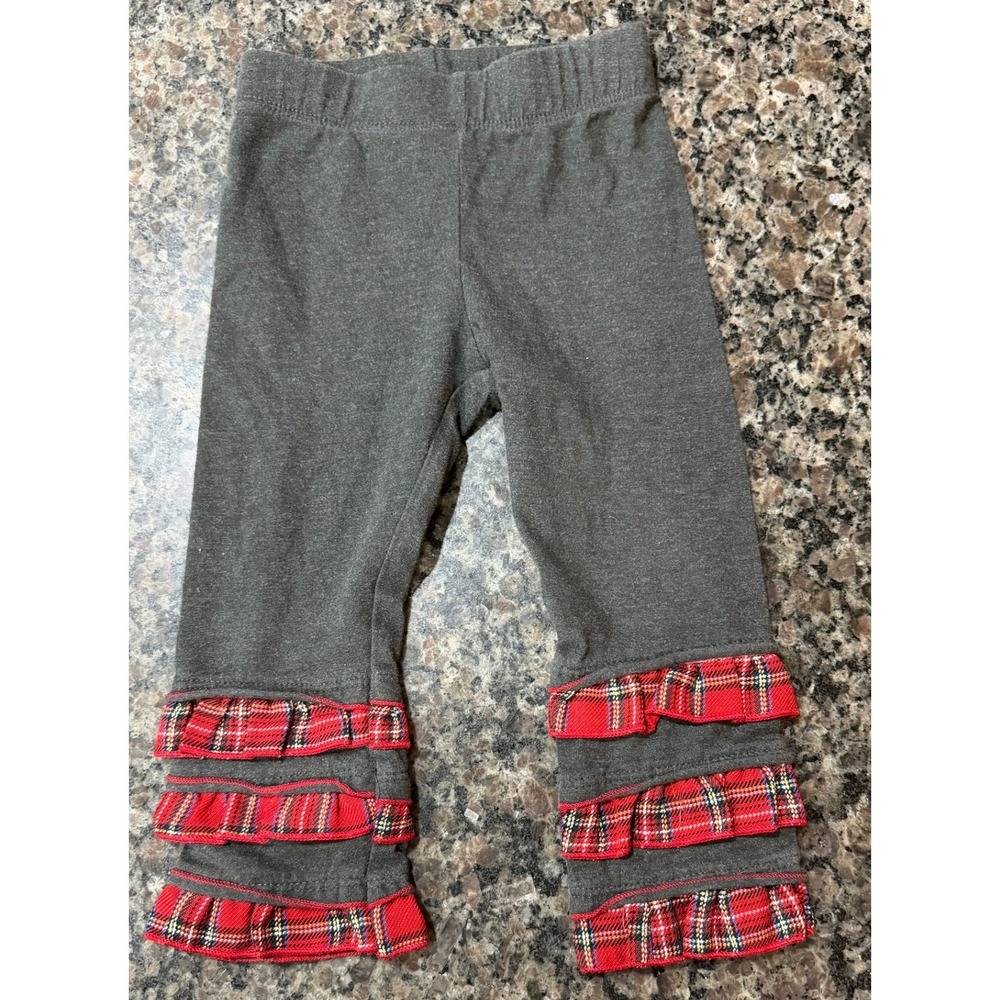 Twigs & Twigs Girls Gray Ruffle Leggings Red Plaid Trim Size 2T Made‎ in USA